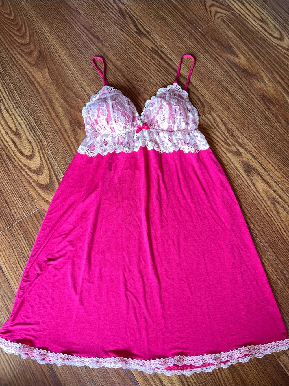Vintage Y2K Victoria Secret Hot Pink Lace Trim Chemise/Dress Nightgown Sz Large